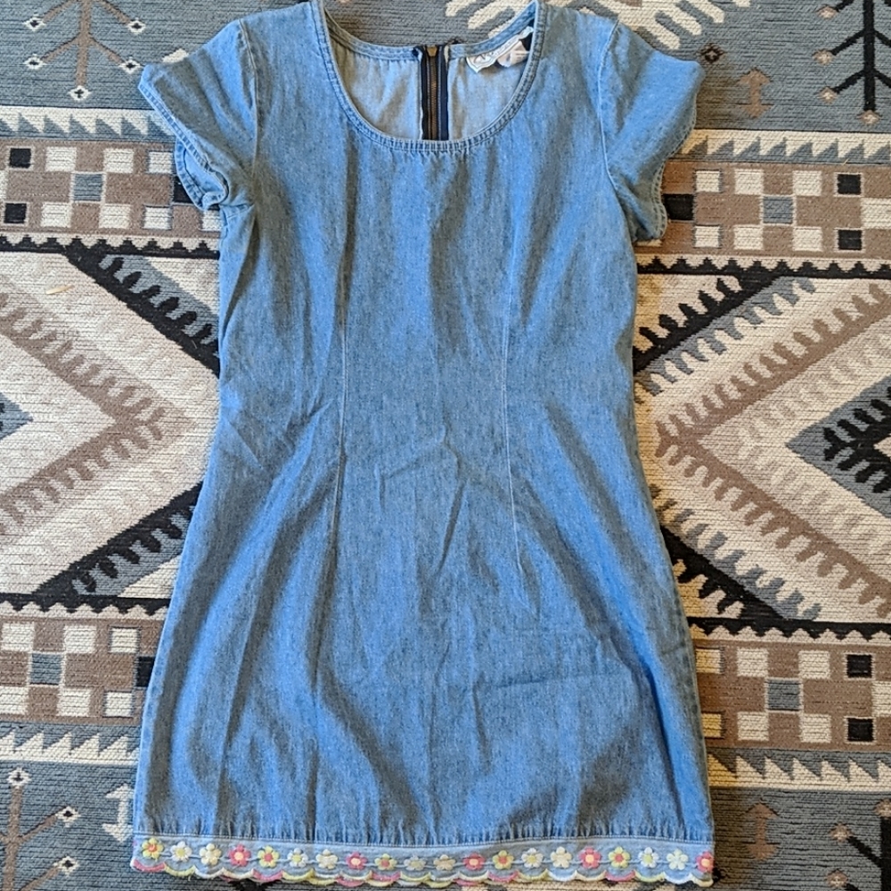 Denim Dress with Embroidered Hem